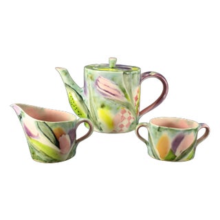 Mid 20th Century Studio Art Pottery Teapot Creamer & Sugar Set, Artist Signed- 3 Pieces For Sale
