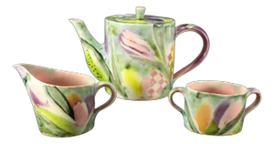 Mid 20th Century Studio Art Pottery Teapot Creamer & Sugar Set, Artist Signed- 3 Pieces