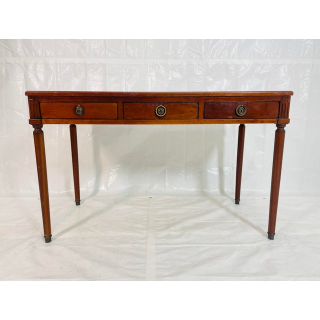 Vintage Solid Mahogany Writing Desk With Leather Top and Brass Hardware For Sale - Image 9 of 18