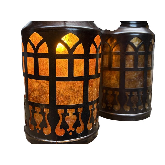 American Pair Patinated Brass Lantern Sconces With Amber Mica Inserts For Sale - Image 3 of 7