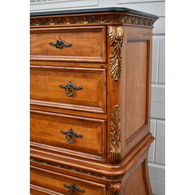 Legacy Carved Bombe Tall Chest French Style Pine Dresser W/Gold Details For Sale - Image 10 of 17