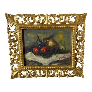 Vintage Italian Still Life Oil Painting Ornate Frame Signed For Sale