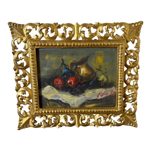 Vintage Italian Still Life Oil Painting Ornate Frame Signed For Sale