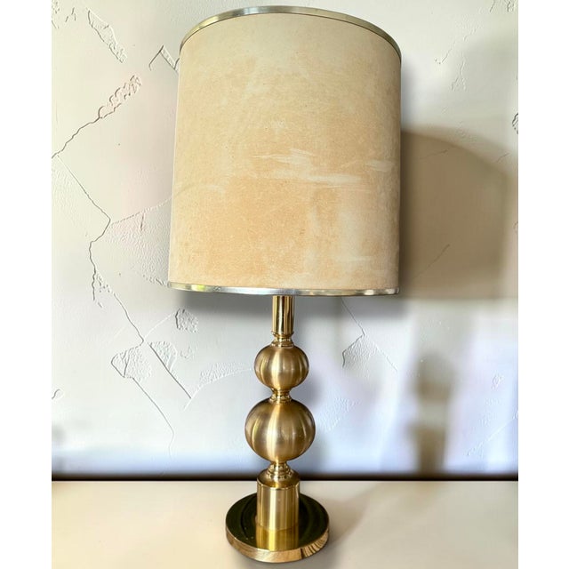 Gold Vintage Boulanger Brass Table Lamp with Original Shade, France, 1970s For Sale - Image 8 of 8
