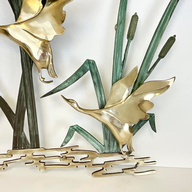Metal 1970s Vintage Arts & Crafts Boho Chic Brass Ducks With Verdigris Bronze Cat Tails Wall Sculptural Object. For Sale - Image 7 of 10