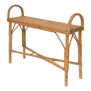Vintage 1960 French Bamboo, Cane & Rattan Console, Sofa Table, Storage Shelf For Sale