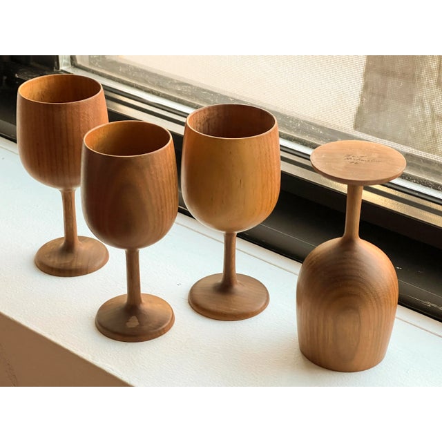 1970s Signed Hand-Turned Wooden Goblets- Set of 4 For Sale - Image 11 of 11