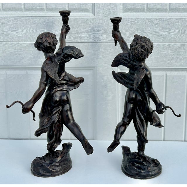 Metal Vtg. Large Bronze Neo-Classic Style Cherub Candle Holders For Sale - Image 7 of 14