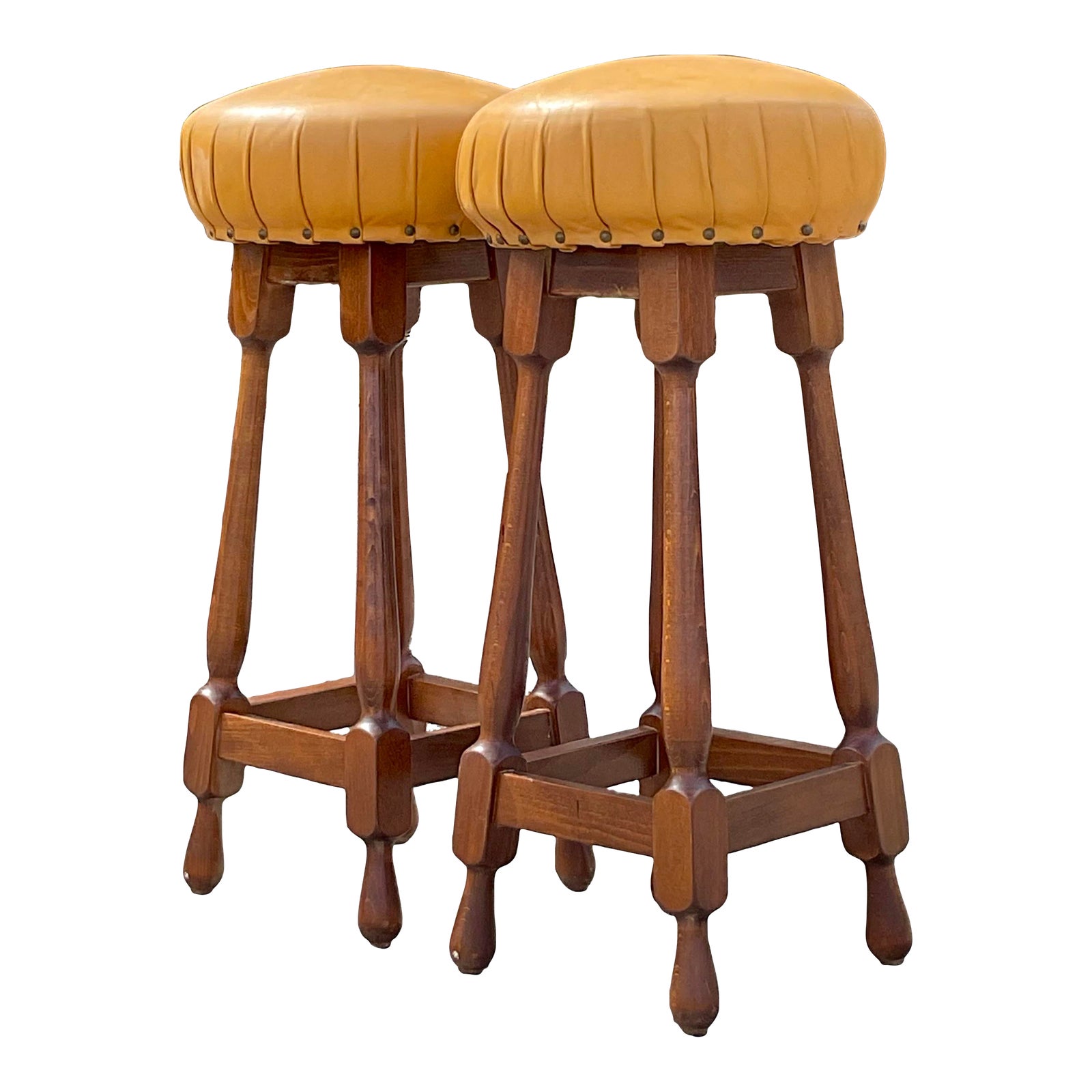 Vintage Leather Covered Spindle Style Nailhead Bar Stools - Pair | Chairish