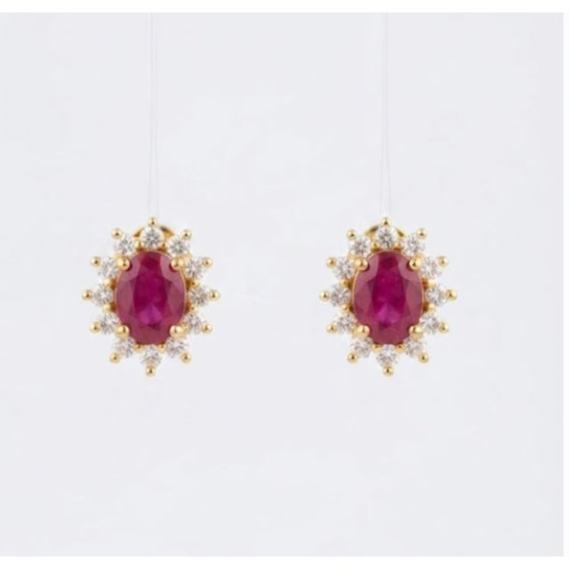 Metal Natural Ruby 1.30cts & Diamond 0.32cts Earring in 18k Yellow Gold For Sale - Image 7 of 8