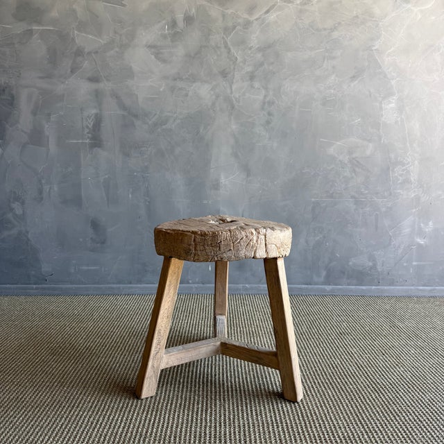 Mid-Century Modern Vintage Elm Wood Wheel Side Table #A53 For Sale - Image 3 of 8