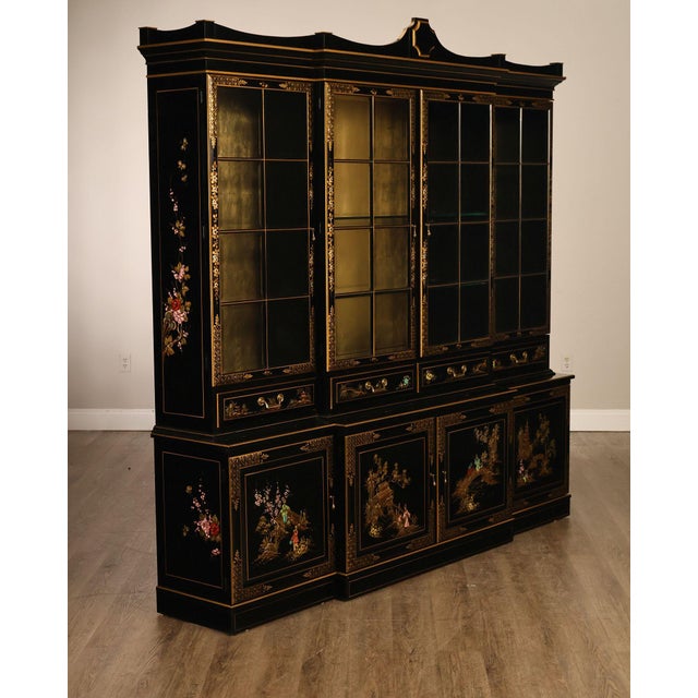 High Quality American Made Large Scale China Display Cabinet By Union National Featuring Black Lacquer Finish With Hand...