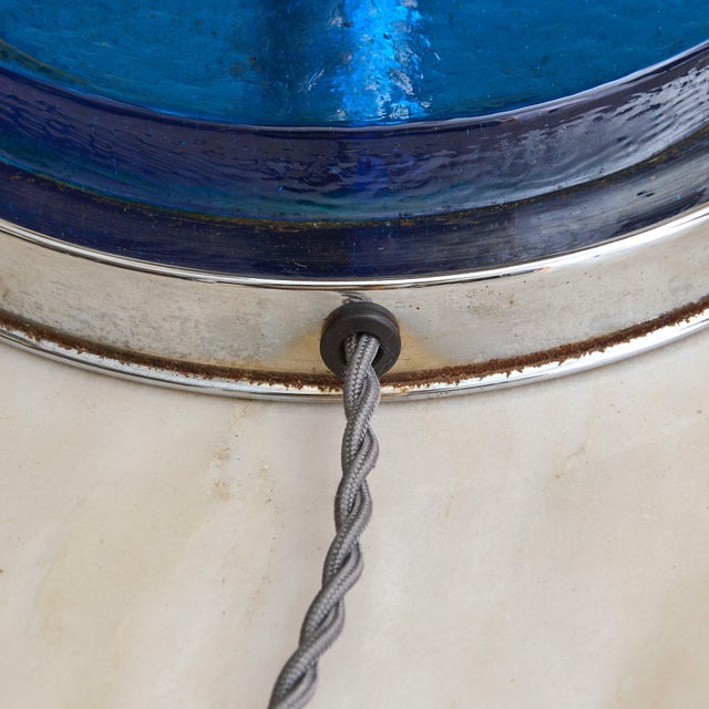 Metal French Art Deco Chrome + Cobalt Glass Table Lamp, 1950s For Sale - Image 7 of 8