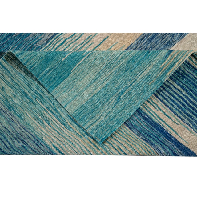 2010s Teal Modern Expressionist Flatweave Handmade Wool Rug For Sale - Image 5 of 13