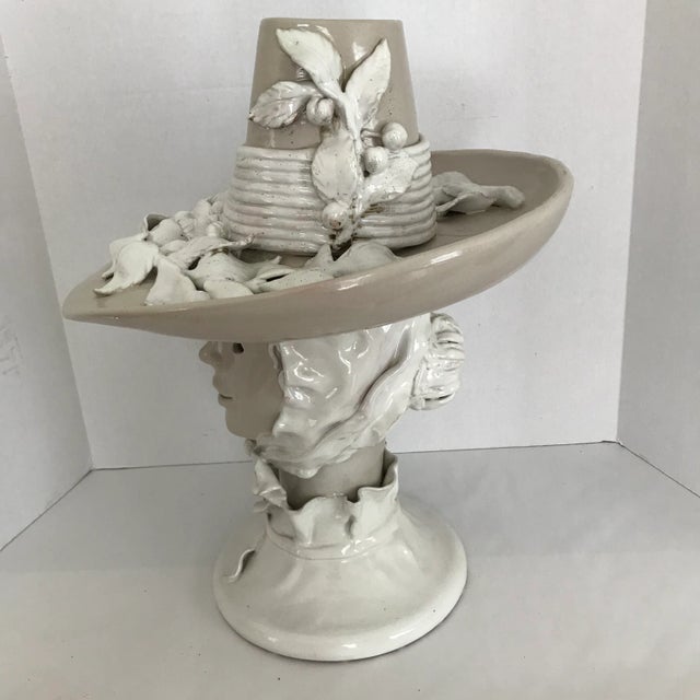 1940s Vintage Glazed Pottery Woman Wearing a Hat Sculpture For Sale - Image 5 of 13