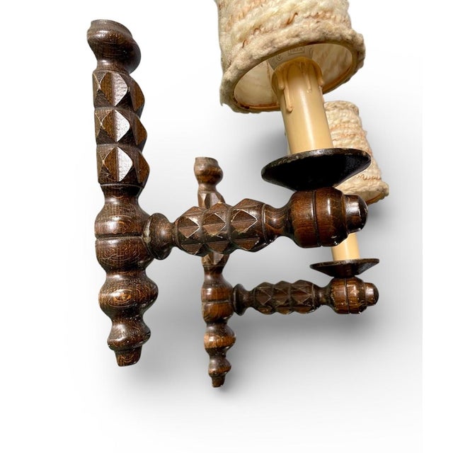 Brutalist Turned Wood Wall Sconces in the style of Dudouyt, 1940, Set of 2 For Sale - Image 3 of 10