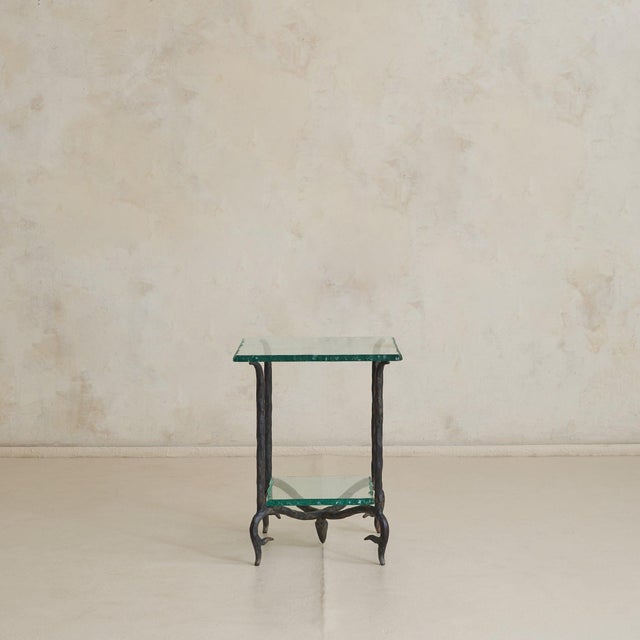 French Two-Tier Iron + Chiseled Glass Side Table, 1960s For Sale - Image 4 of 11