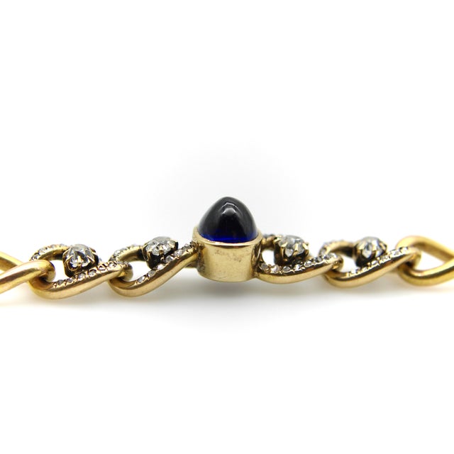 Late 19th Century Late 19th Century Victorian 14k Gold Curb Link Bracelet With No-Heat Sugarloaf Sapphire and Old Mine Cut Diamonds For Sale - Image 5 of 10