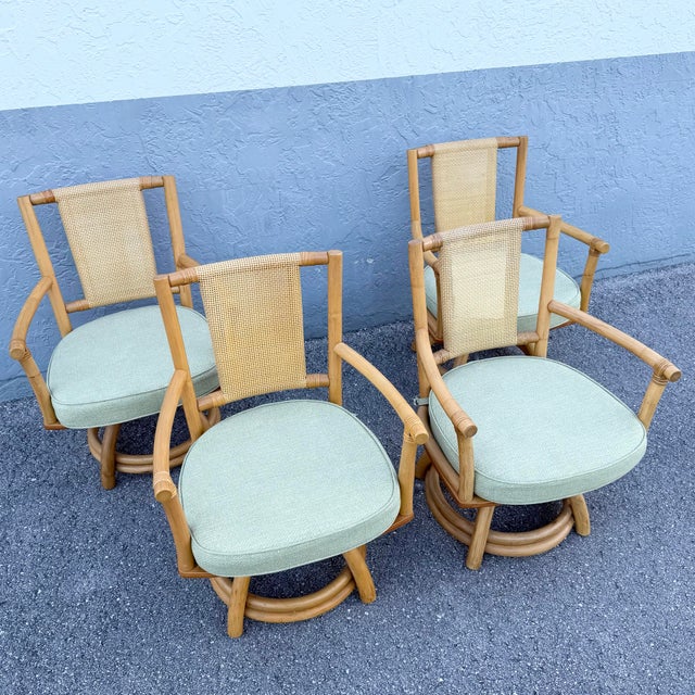 Boho Chic Boho Chic Rattan Cane Back Swivel Dining Arm Chairs - Set of 4 For Sale - Image 3 of 9