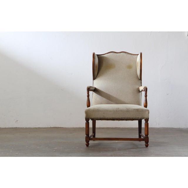 Baroque Vintage Oak Wingback Armchair, Denmark, 1930s For Sale - Image 3 of 18