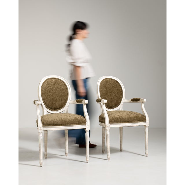 Mid 20th Century Pair of Louis XVI Upholstered Armchairs, Neoclassical Style, France, 20th Century For Sale - Image 5 of 18