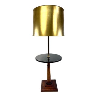 Early Mid Century Brass & Wood Floor Lamp With Marble Table, Double Socket, Circa 1930s–1940s For Sale