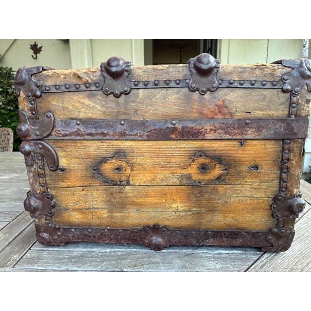 Antique Wood Travel Trunk With Leather Straps and Original Hardware For Sale In Philadelphia - Image 6 of 12