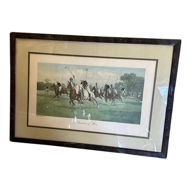 Vintage Large Framed Polo Horses Print, Signed For Sale