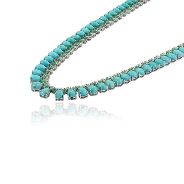 VR Jewels Contemporary 47.9ct Turquoise, Emerald & 2.1ct Diamond 14k White Gold Wedding Necklace For Sale - Image 4 of 17