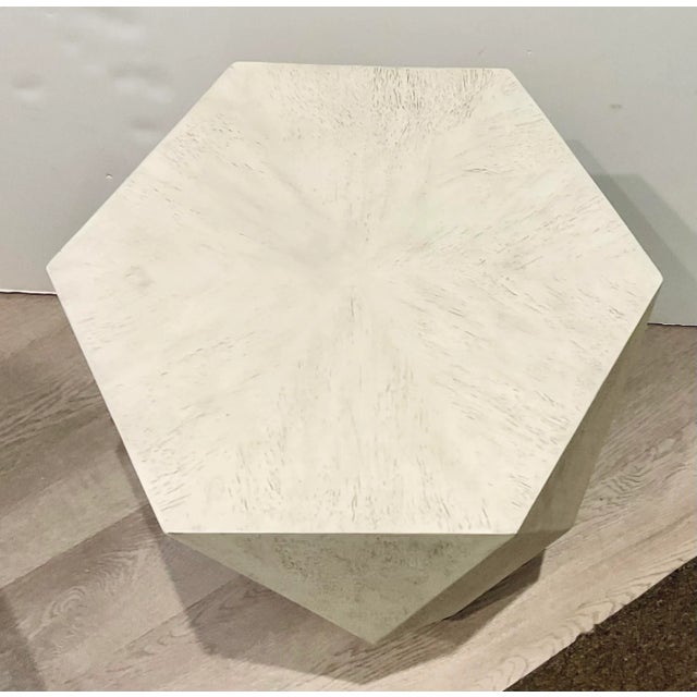 Stylish Modern Antique White Finished Hexagonal Side Table, showroom floor sample