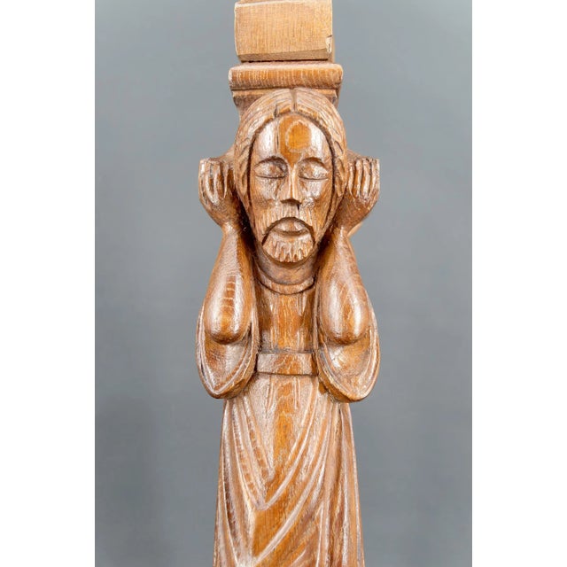 Gothic Revival Medieval Style Pilaster Lamp in Carved Oak, France, 20th Century For Sale - Image 9 of 10