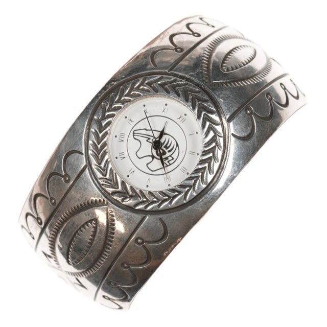 6.5" Carson Blackgoat Navajo sterling watch cuff bracelet hand stamped For Sale