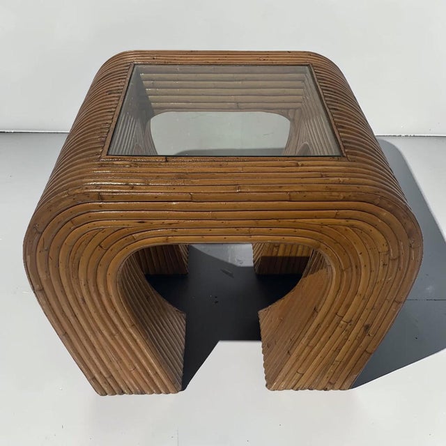 Gabriella Crespi 1970s Vintage Split Reed and Glass Waterfall Side Table For Sale - Image 4 of 7