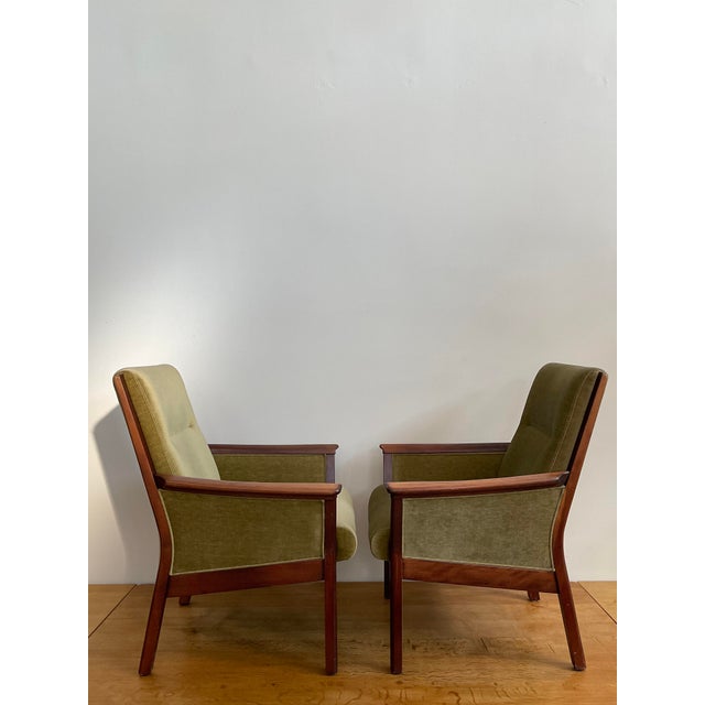 Mid 20th Century Pair of High Back Danish Modern Oak & Moss Green Mohair Lounge Chairs Attributed to Durup For Sale - Image 4 of 18
