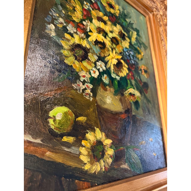Mid 20th Century Framed, Signed Oil on Canvas Painting, Still-Life of Sunflowers For Sale - Image 11 of 12