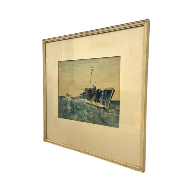 Original Wwii Us Navy Pc-571 Submarine Chaser Gouache Painting – Vintage Framed Maritime Military Art. For Sale In Seattle - Image 6 of 8