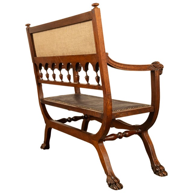 Wood Antique Renaissance Revival Carved Walnut & Leather Hall Window Bench Italy 1880 For Sale - Image 7 of 15