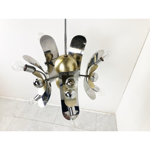 Silver Vintage Italian Chrome & Brass Chandelier, 1970s For Sale - Image 8 of 13