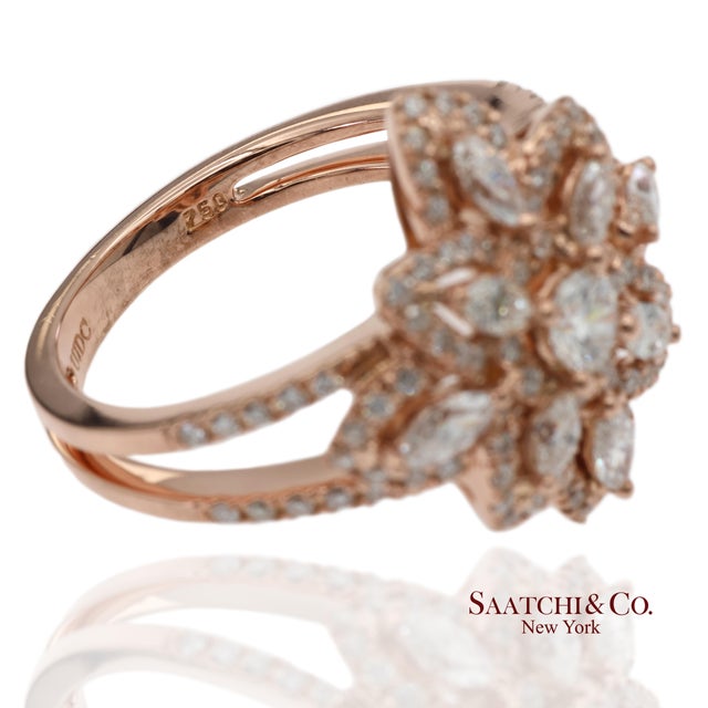 18k 750 Solid Rose Gold Floral Natural Diamond Ring, Size 7 For Sale - Image 9 of 13