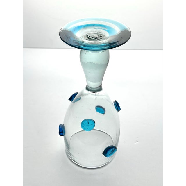 Glass Mexican Aqua Blue Confetti Raised Pebble Mexican Blown Wine or Water Glasses - 5 pcs For Sale - Image 7 of 8