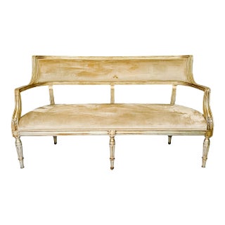 Late 20th Century French Neoclassical Louis XVI Style Giltwood & Painted Settee With Champagne Velvet Upholstery For Sale