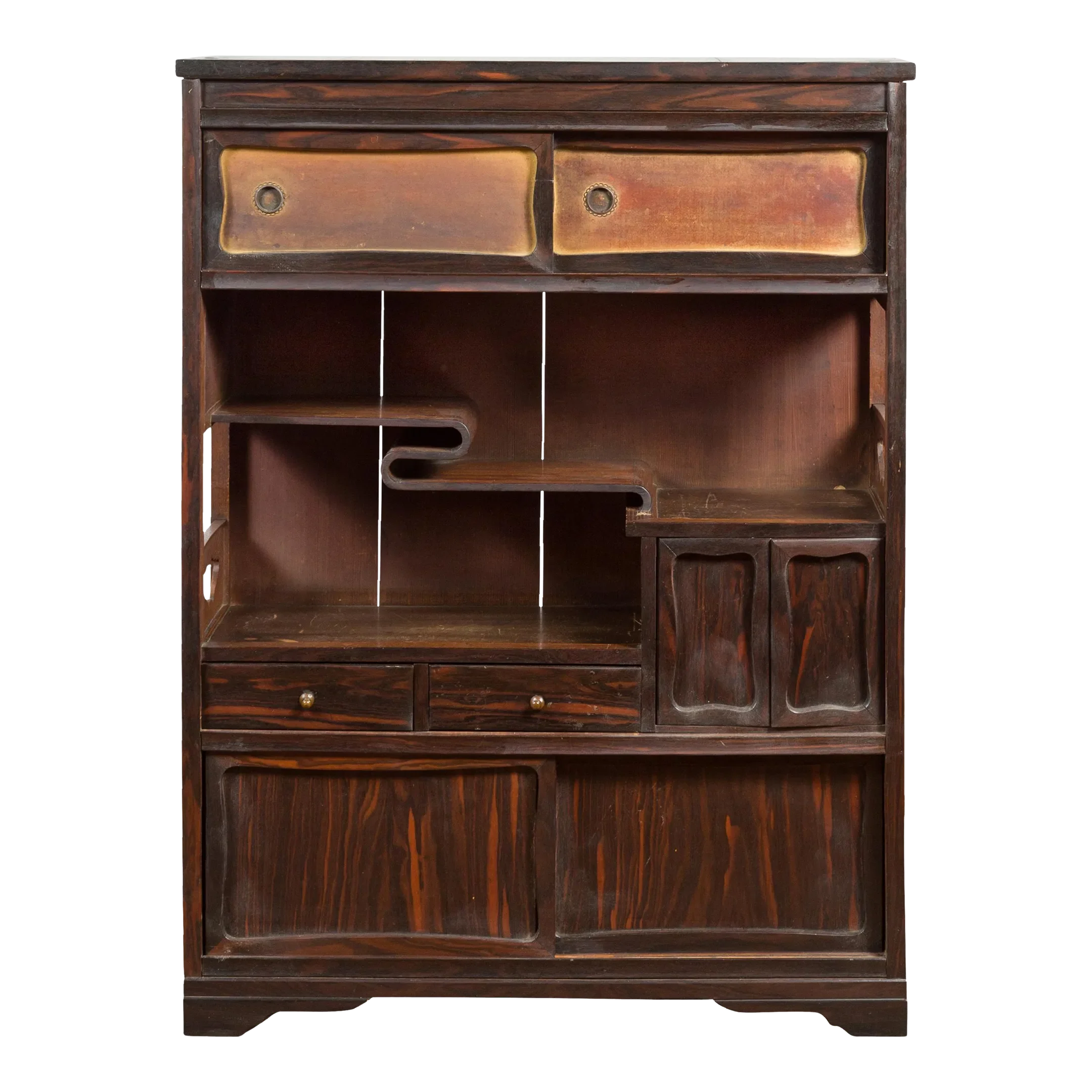 Vintage Zebra Wood Japanese Cabinet with Sliding Doors and Curving