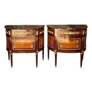 1960s Pair of French Louis XVI Style Demilune Marble Top Commodes | Nightstands | Bedside Tables For Sale