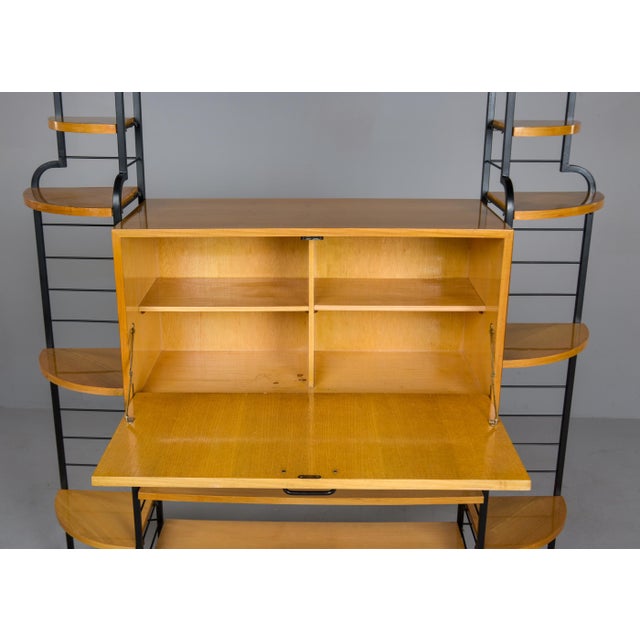 Mid Century Italian Free Standing Blond Wood and Black Metal Shelf Cabinet For Sale - Image 12 of 12