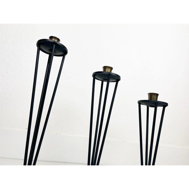 Mid-Century Modern Modernist Black Enameled Metal and Brass Candleholders - Set of 3 For Sale - Image 3 of 10