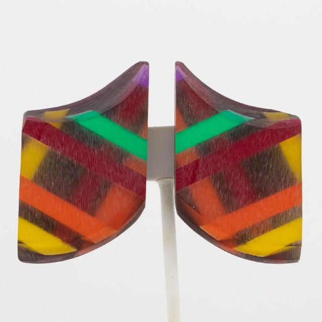 1980s Kaso Geometric Multicolor Harlequin Acrylic Resin Earrings For Sale - Image 5 of 6