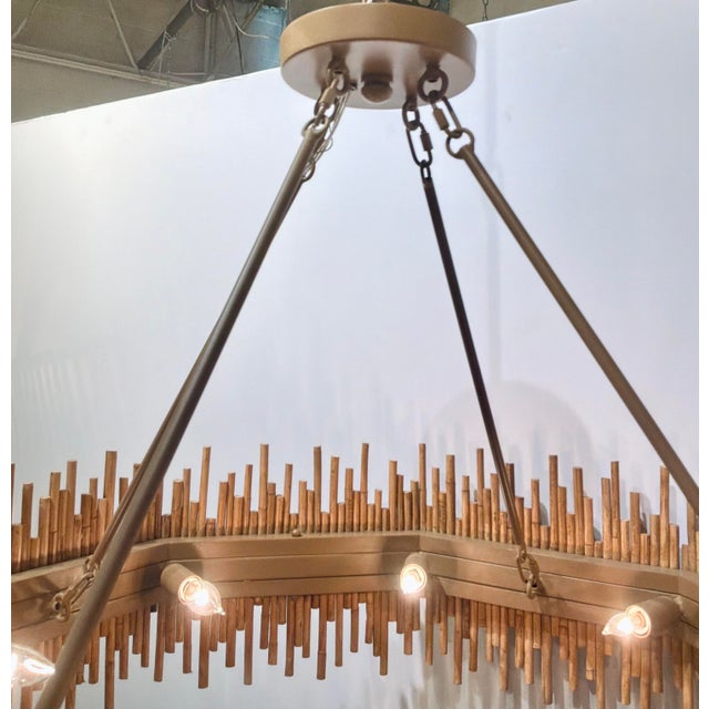 Original retail $2310, Currey & Company Organic Modern Rattan Teahouse Chandelier, warm gold finished wrought iron frame,...