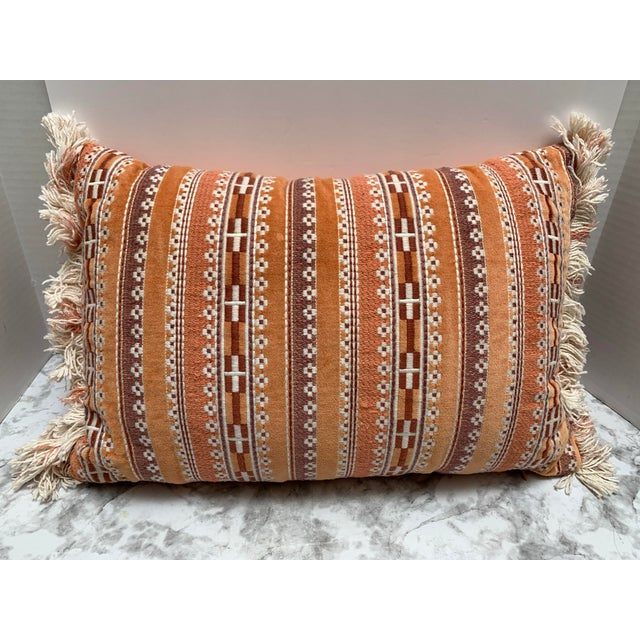 2000 - 2009 Velvet Textured Woven Accent Throw Pillow With Fringe For Sale - Image 5 of 7