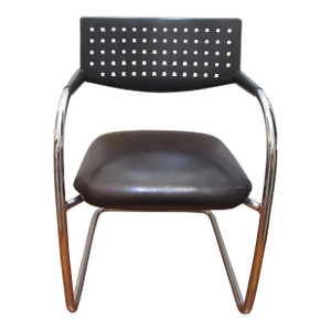 United Chair Co. Style Cantilever Black Leather Office Chair With Vented Back