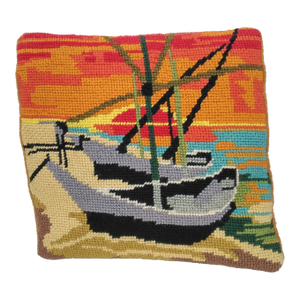 1970s Small Scenic Needlepoint Pillow - Boats on the Beach at Sunset